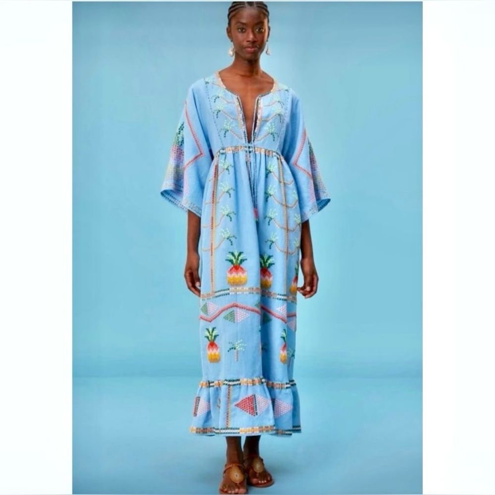 NEW FARM Rio Embroidered Pineapple Maxi Dress Beaded Tassel Linen Blue Size S